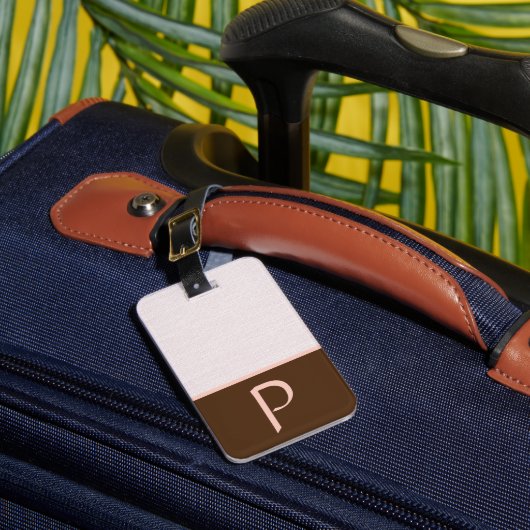 アイボリーリネン織布、ピンク&ブラウンカラーブロック ラゲッジタグ (正面インサイチュ1)