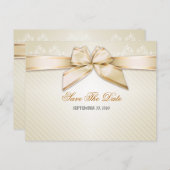 アイボリーリボンストライプ金ゴールド結婚式日付の保存 案内ポストカード (正面/裏面)