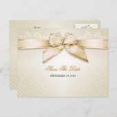 アイボリーリボンストライプ金ゴールド結婚式日付V2の保存 案内ポストカード (正面/裏面)