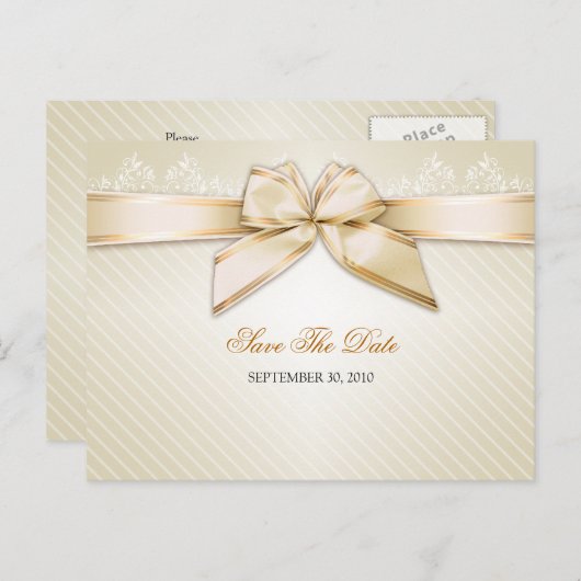 アイボリーリボンストライプ金ゴールド結婚式日付V2の保存 案内ポストカード (正面/裏面)
