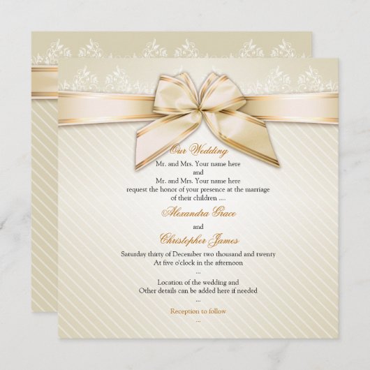 アイボリーリボン金ゴールドストライプ結婚式招待状S2 招待状 (正面/裏面)