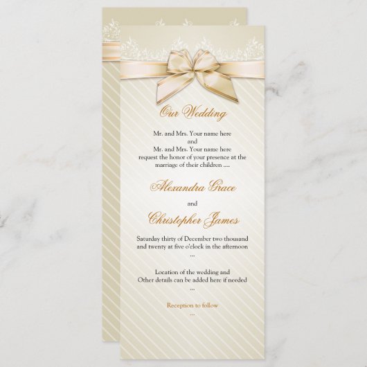 アイボリーリボン金ゴールドストライプ結婚式招待状S4 招待状 (正面/裏面)