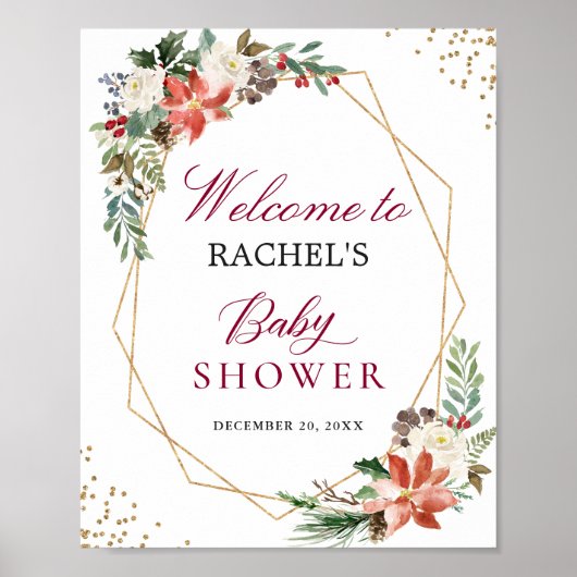 アイボリーレッドポインセチア金ゴールドフレームベビーシャワーサイン ポスター (正面)