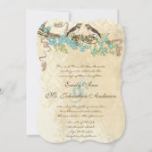 アイボリーレースアクアブルーブロッサムラブバードウェディング 招待状 (正面)