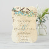 アイボリーレースアクアブルーブロッサムラブバードウェディング 招待状 (スタンド正面)