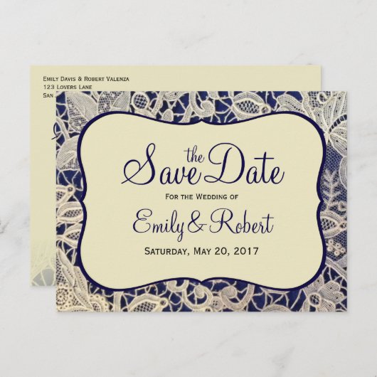 アイボリーレースネイビーフォーマルブルーウェディング日付を保存 案内ポストカード (正面/裏面)