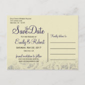 アイボリーレースネイビーフォーマルブルーウェディング日付を保存 案内ポストカード (裏面)