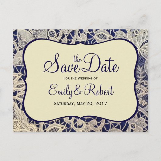アイボリーレースネイビーフォーマルブルーウェディング日付を保存 案内ポストカード (正面)