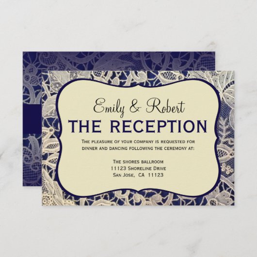 アイボリーレースネイビーブルーフォーマルウェディングレセプション エンクロージャーカード (正面/裏面)