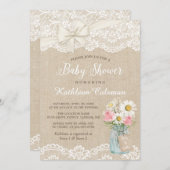 アイボリーレースバーラップフローラメイスンジャーブベビーシャワー 招待状 (正面/裏面)