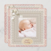 アイボリーレースピンクパールガールズピンクフォト《キリスト教》洗礼式や命名式 招待状 (正面/裏面)
