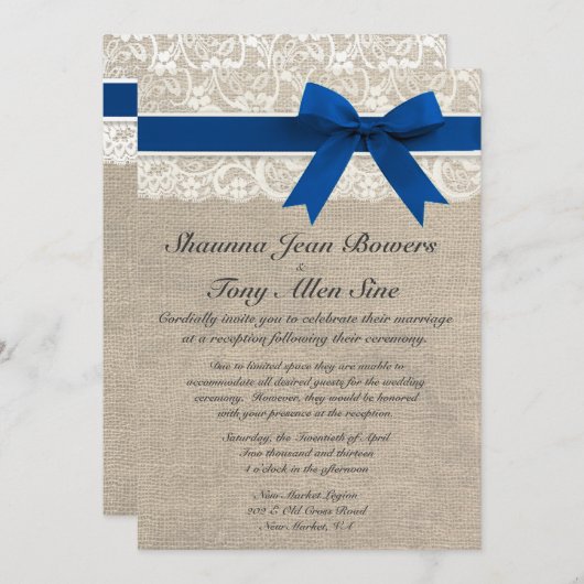 アイボリーレースブルー王室のバーラップウェディングレセプション 招待状 (正面/裏面)