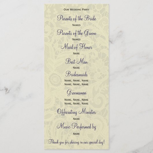 アイボリーレース王室のネイビーブルーフォーマル結婚式 プログラム (裏面)