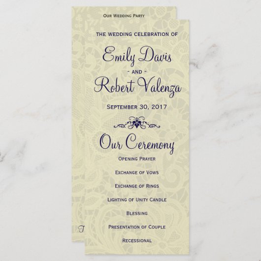 アイボリーレース王室のネイビーブルーフォーマル結婚式 プログラム (正面/裏面)