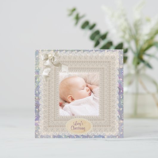 アイボリーレース真珠ピンクパープルガールズフォトクリステン 招待状 (スタンド正面)