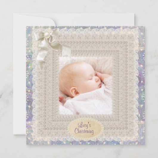 アイボリーレース真珠ピンクパープルガールズフォトクリステン 招待状 (正面)