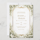 アイボリーローズオルネートゴールドボーダーウェディング 招待状 (正面)