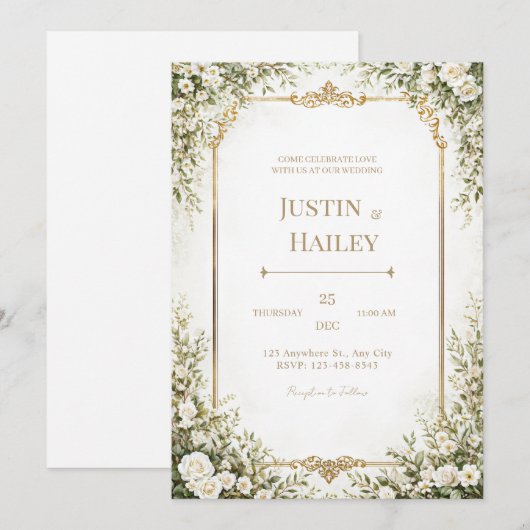 アイボリーローズオルネートゴールドボーダーウェディング 招待状 (正面/裏面)