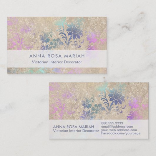 *~*アイボリーヴィンテージアンティーク古い青ピンクダマスク 名刺 (正面/裏面)