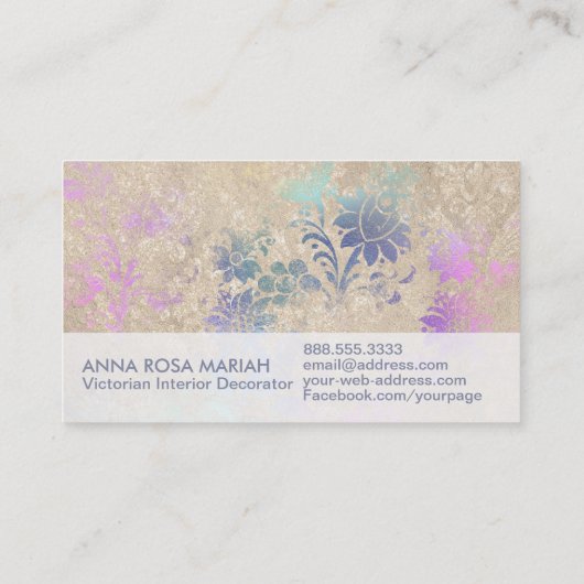 *~*アイボリーヴィンテージアンティーク古い青ピンクダマスク 名刺 (裏面)