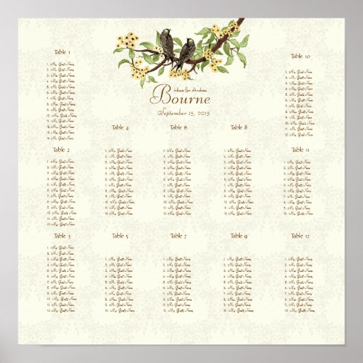 アイボリーヴィンテージラブバードイエロー開花12テーブル ポスター (正面)