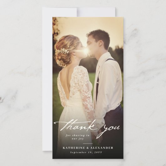 アイボリーヴィンテージ手書きスクリプト3写真結婚の サンキューカード (正面)