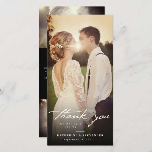 アイボリーヴィンテージ手書きスクリプト3写真結婚の サンキューカード (正面/裏面)