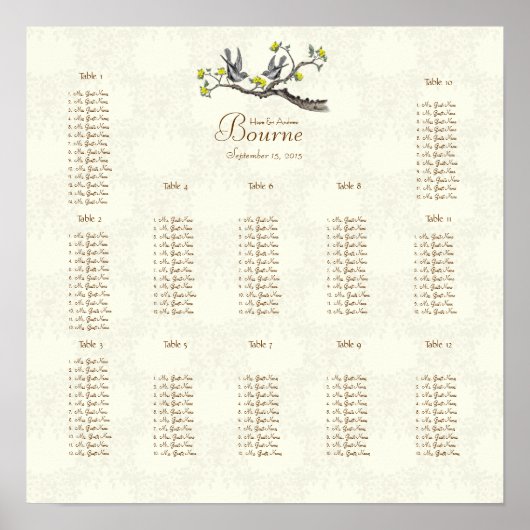 アイボリーヴィンテージ鳥イエロー開花12テーブル ポスター (正面)