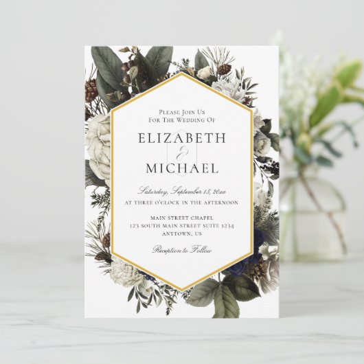 アイボリー冬絵を描の花束結婚の花 招待状 (スタンド正面)