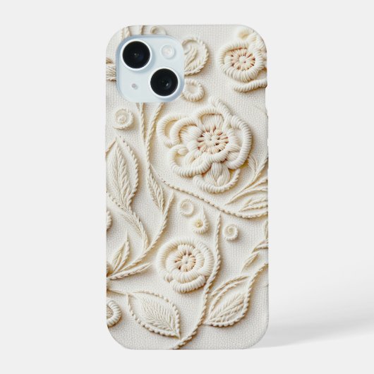 アイボリー刺繍フローラデザイン iPhone 15ケース (裏面)