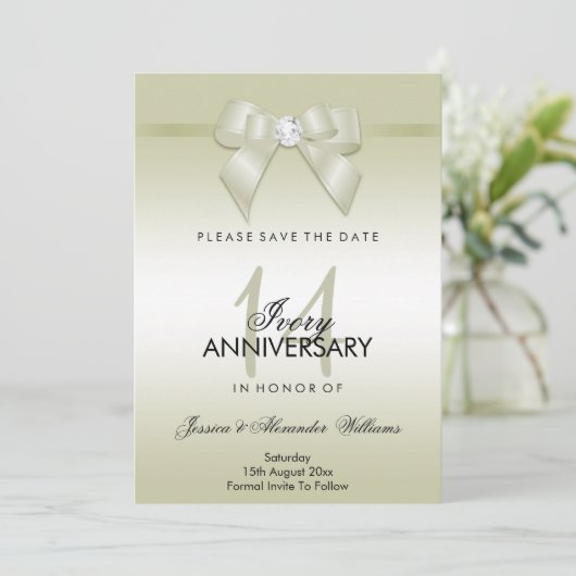 アイボリー宝石の弓とリボン 14周年結婚記念日 セーブザデート (スタンド正面)