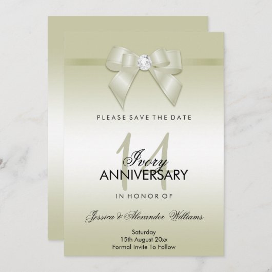 アイボリー宝石の弓とリボン 14周年結婚記念日 セーブザデート (正面/裏面)
