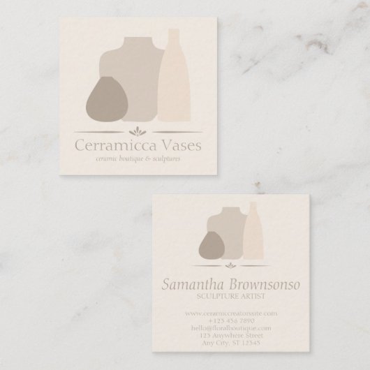 アイボリー手作り陶器花瓶セラミック スクエア名刺 (正面/裏面)