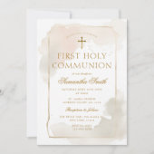 アイボリー水カラー金ゴールドクロスファースト聖餐式 招待状 (正面)