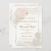 アイボリー水カラー金ゴールドクロスファースト聖餐式 招待状 (正面/裏面)