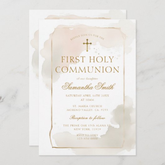 アイボリー水カラー金ゴールドクロスファースト聖餐式 招待状 (正面/裏面)