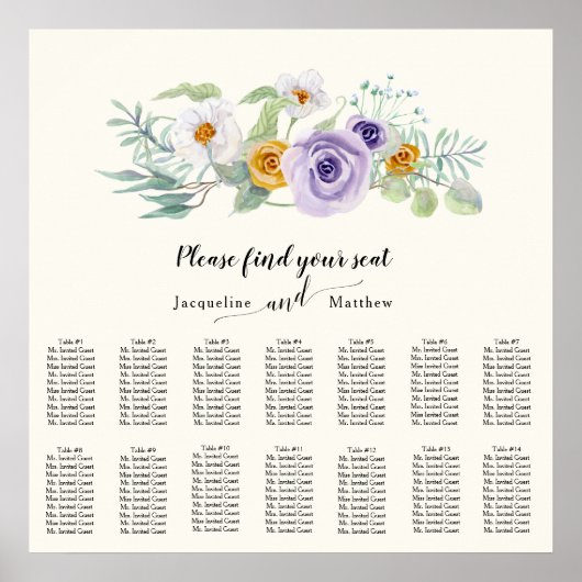 アイボリー水彩パープル金ゴールド白い座席表 ポスター (正面)
