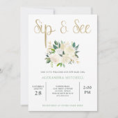 アイボリー水彩フローラと金ゴールド| Sipと参照 招待状 (正面)