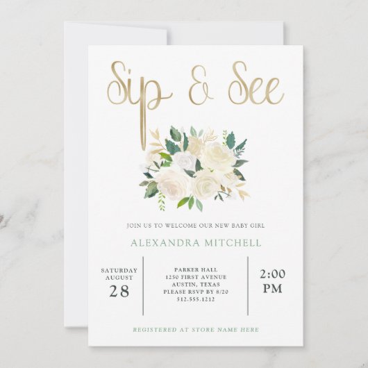 アイボリー水彩フローラと金ゴールド| Sipと参照 招待状 (正面)