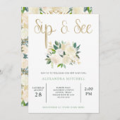 アイボリー水彩フローラと金ゴールド| Sipと参照 招待状 (正面/裏面)