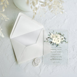 アイボリー水彩フローラ素朴結婚の アクリル招待状