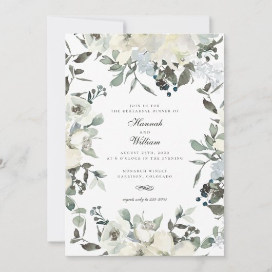 アイボリー水彩フローラ結婚のリハーサルディナー 招待状 (正面)