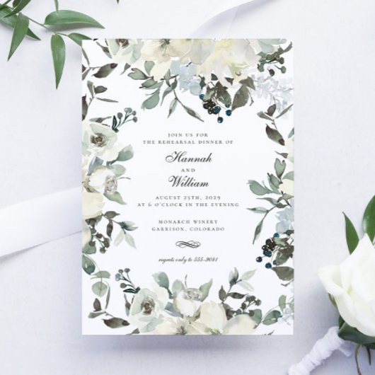 アイボリー水彩フローラ結婚のリハーサルディナー 招待状