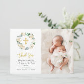 アイボリー水彩フローラ金ゴールドクロスバプティスム写真 サンキューカード (スタンド正面)
