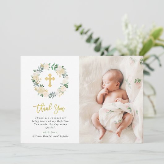 アイボリー水彩フローラ金ゴールドクロスバプティスム写真 サンキューカード (スタンド正面)