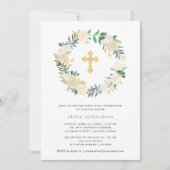 アイボリー水彩フローラ金ゴールド交差第1コミュニション 招待状 (正面)