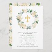 アイボリー水彩フローラ金ゴールド交差第1コミュニション 招待状 (正面/裏面)