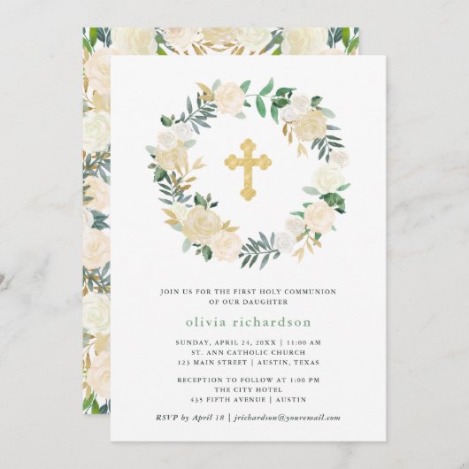 アイボリー水彩フローラ金ゴールド交差第1コミュニション 招待状 (正面/裏面)