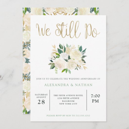 アイボリー水彩フローラ |金ゴールド結婚の記念日 招待状 (正面/裏面)