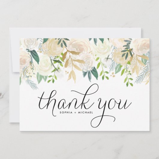 アイボリー水彩牡丹と金ゴールドグリッター結婚 サンキューカード (正面)